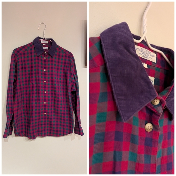Vintage Tops - Vintage 90s Plaid Corduroy Collar Button Up Top Women's Medium Pink Purple 182